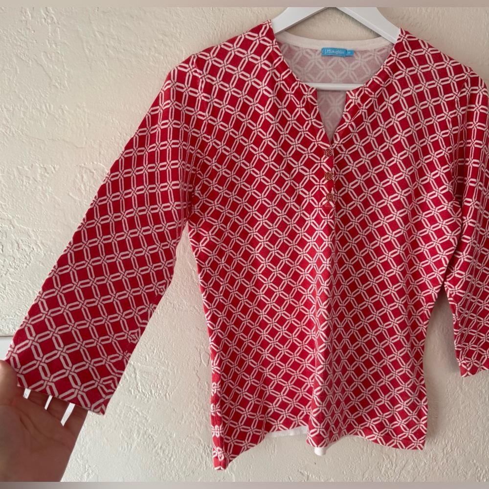 J. McLaughlin Coral Print Blouse Top Split‎ Neck Geometric Cotton Modal Coastal - Picture 2 of 5